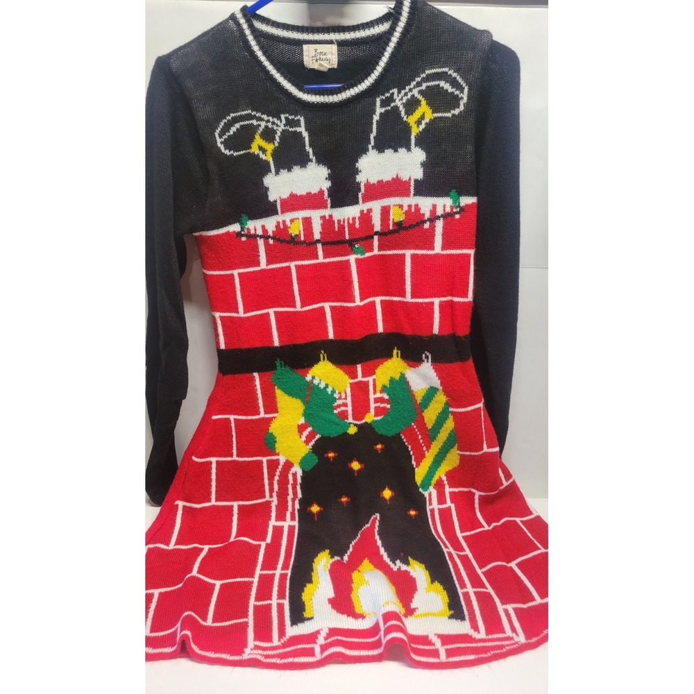 Born Famous Womens Ugly Christmas Sweater‎ Black Red Santa Chimney M